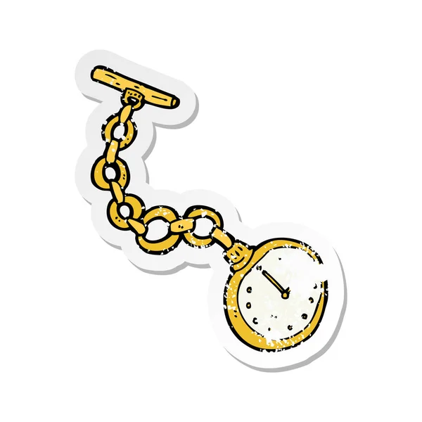 Pegatina retro angustiado de un viejo reloj de bolsillo de dibujos animados — Vector de stock