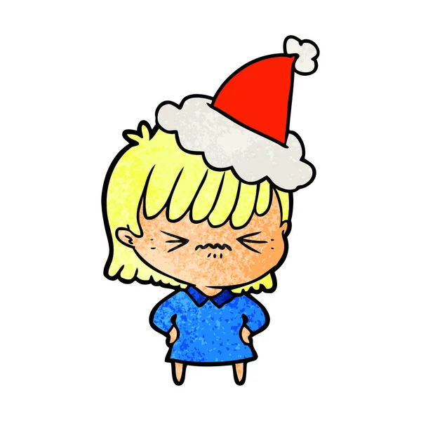 Annoyed textured cartoon of a girl wearing santa hat — Stock Vector