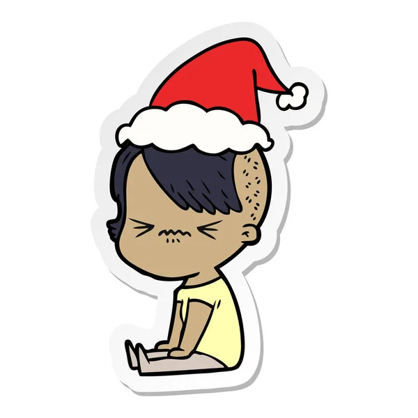 Handgezeichnete Sticker Karikatur Eines Genervten Hipster Mädchens Mit Weihnachtsmütze — Stockvektor