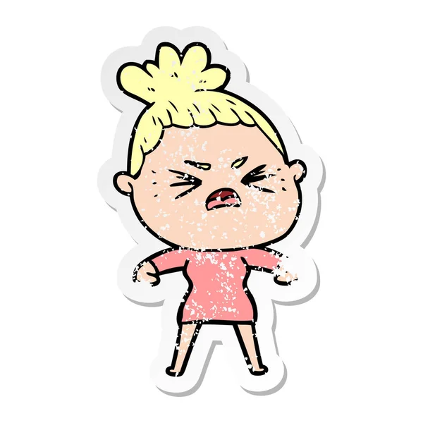 Distressed sticker of a cartoon angry woman — Stock Vector