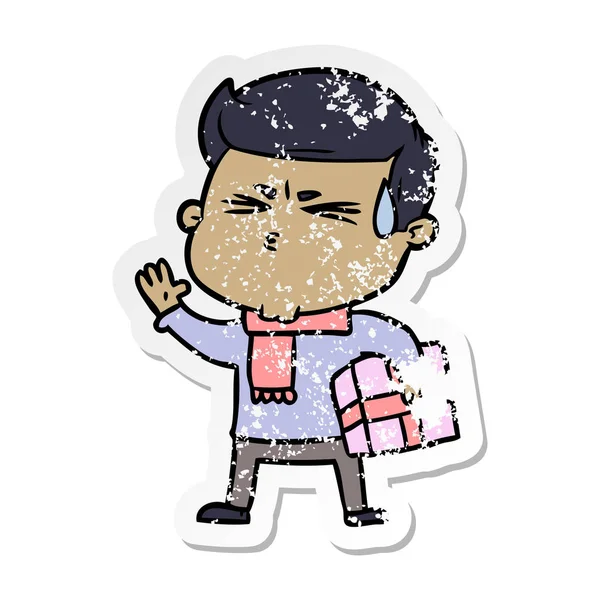 Distressed Sticker Cartoon Man Sweating — Stock Vector