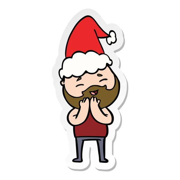 Aufkleber Karikatur eines glücklichen bärtigen Mannes mit Weihnachtsmütze — Stockvektor