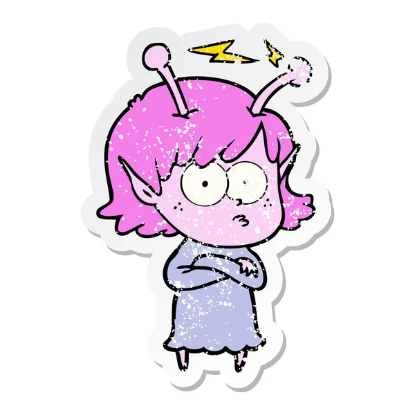 Distressed Sticker Cartoon Alien Girl — Stock Vector