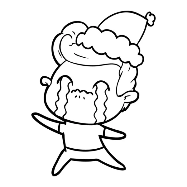 Linje ritning av en man som gråter bär santa hatt — Stock vektor