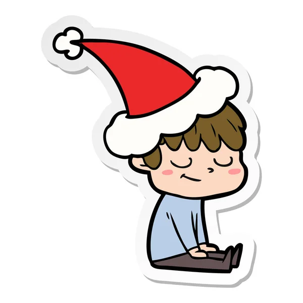 Hand Drawn Sticker Cartoon Happy Boy Wearing Santa Hat — Stock Vector