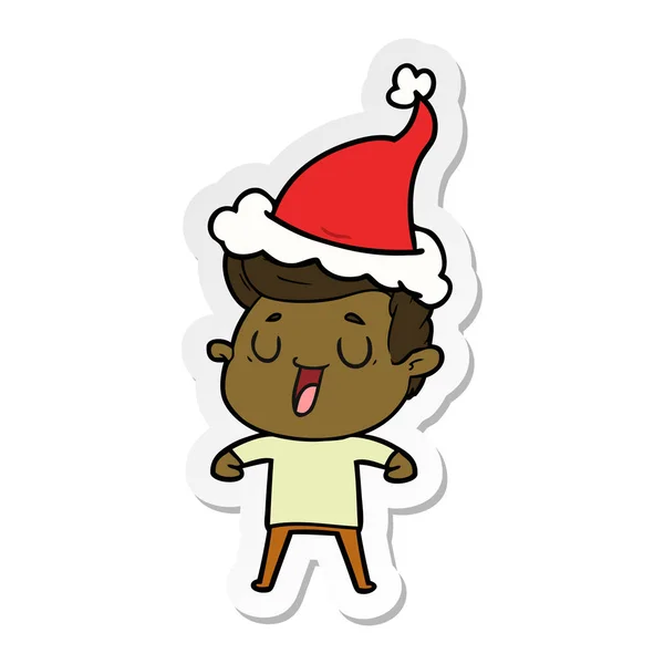 Happy Hand Drawn Stiker Cartoon Man Wear Santa Hat — стоковый вектор