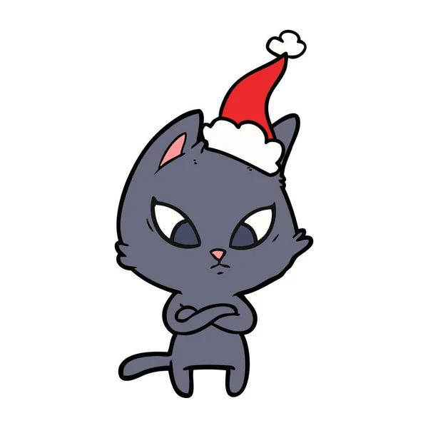 Dessin de ligne confus d'un chat portant un chapeau de Père Noël — Image vectorielle