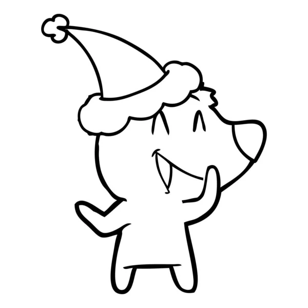 Línea de oso risueño dibujo de un sombrero de Santa Claus — Vector de stock