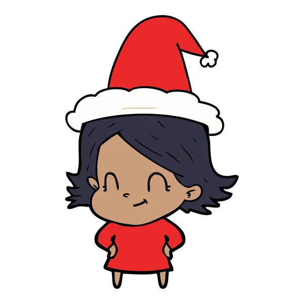 Línea de dibujo de una chica amigable con sombrero de santa — Vector de stock