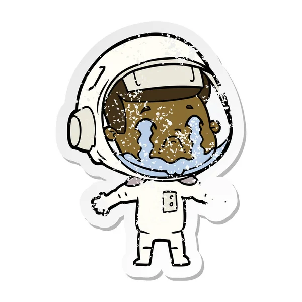 Verontruste sticker van een cartoon huilende astronaut — Stockvector