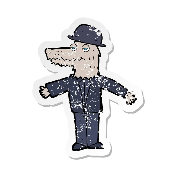 Retro noodlijdende sticker van een cartoon weerwolf met hoed — Stockvector