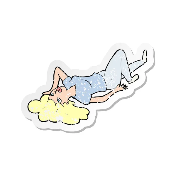 一个躺在地板上的卡通女人的复古苦恼的贴纸 — 图库矢量图片