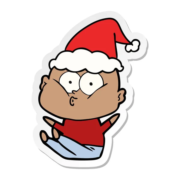 Sticker cartoon of a bald man staring wearing santa hat — Stock Vector