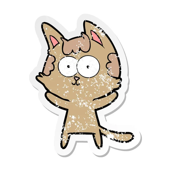 Verontruste sticker van een happy cartoon kat — Stockvector
