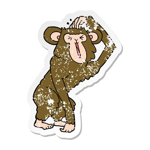 Verontruste sticker van een cartoon chimpansee hoofd krabben — Stockvector