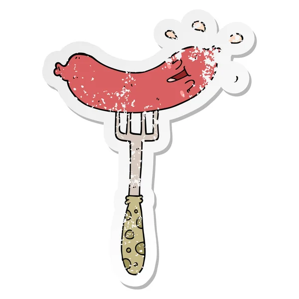 Autocollant affligé d'un dessin animé saucisse heureuse sur fourchette — Image vectorielle
