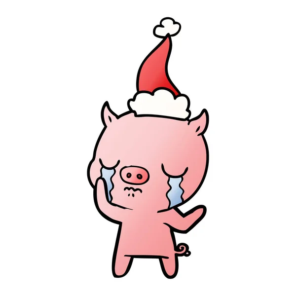 Karikatur eines weinenden Schweins mit Weihnachtsmütze — Stockvektor