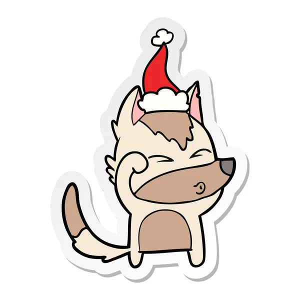 산타 모자를 쓰고을 삐 죽 한 늑대의 스티커 만화 — 스톡 벡터