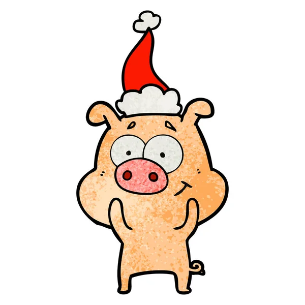 Щасливий текстурований мультфільм про свиню в капелюсі Санта — стоковий вектор