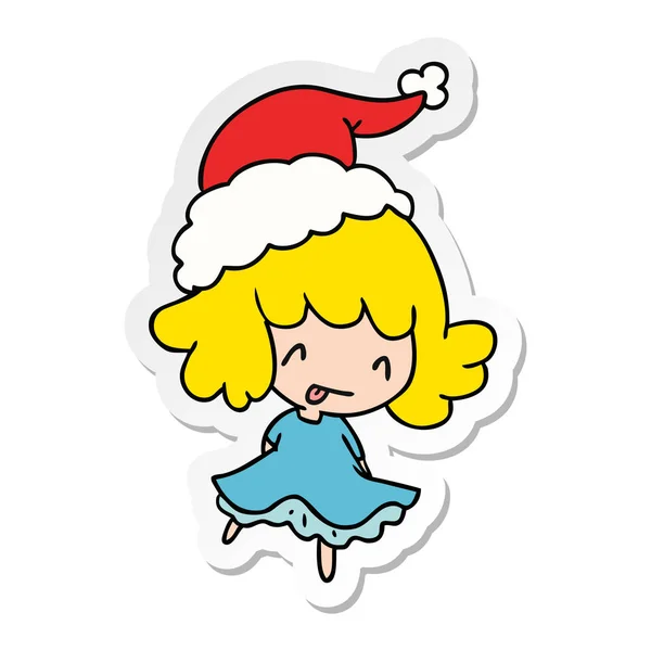 Dibujado Mano Pegatina Navidad Dibujos Animados Chica Kawaii — Vector de stock