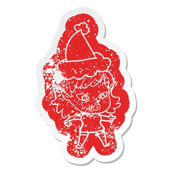 Ziemlich Schrullige Cartoon Verzweifelt Aufkleber Eines Elfenmädchens Trägt Weihnachtsmann — Stockvektor