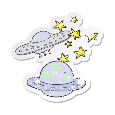 bir çizgi film uçan daire ve gezegen Retro sıkıntılı etiket