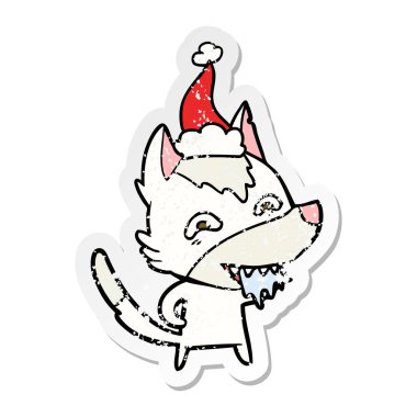 sıkıntılı etiket karikatür Noel Baba şapkası giyen aç kurt