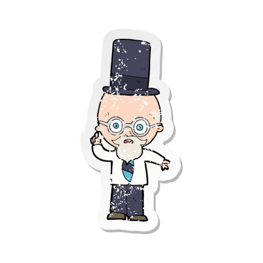 Silindir şapka giyen bir çizgi film adam Retro sıkıntılı etiket