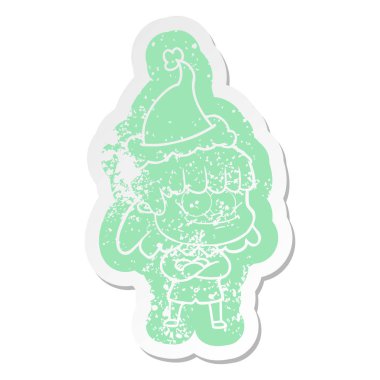 Noel Baba şapkası giyen bir gülümseyen kadın karikatür sıkıntılı etiket