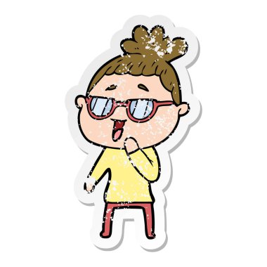 gözlük takan bir karikatür mutlu kadın sıkıntılı etiket