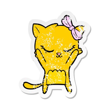 sevimli çizgi kedi yay ile sıkıntılı etiket