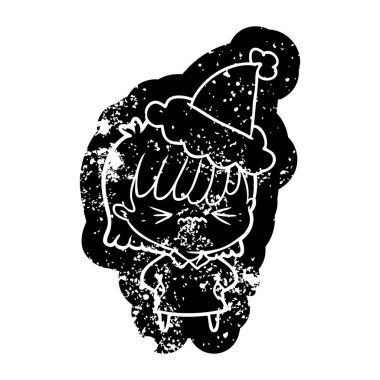 Noel Baba şapkası giyen bir kız rahatsız çizgi film sıkıntılı simgesi