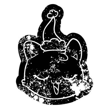 Noel Baba şapkası giyen bir kedi yüz karikatür sıkıntılı simgesi