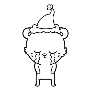 Noel Baba şapkası giyen bir ayının ağlayan çizgi çizme