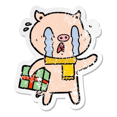 Noel teslim ağlayan bir domuz karikatür sıkıntılı etiket 