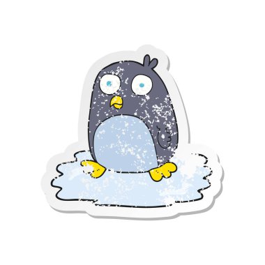 bir karikatür penguen buz Retro sıkıntılı etiket