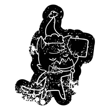 dost çizgi film simgesi Noel Baba şapkası giyen bir tilkinin sıkıntılı