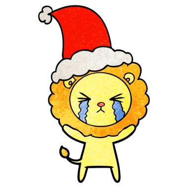 Noel Baba şapkası giyen ağlayan aslan dokulu çizgi film el çekilmiş