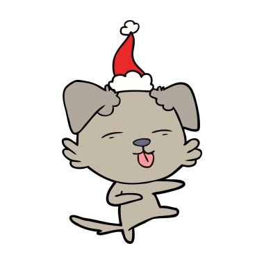 çizgi çizme giyen Noel Baba şapkası dans bir köpek el çekilmiş