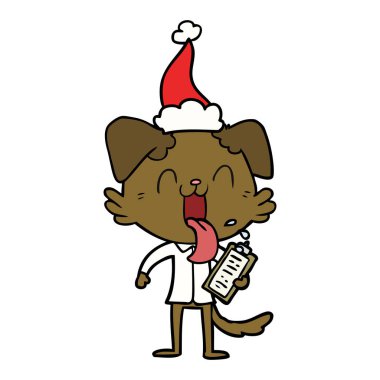 Noel Baba şapkası giyen Pano nefes nefese bir köpek çizim için