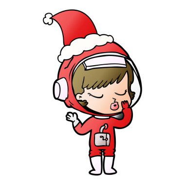 Noel Baba şapkası giyen bir güzel astronot kızın degrade çizgi film