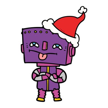 Noel Baba şapkası giyen bir robotun çizgi çizme