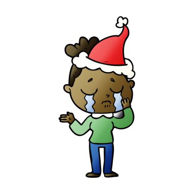 Noel Baba şapkası giyen bir ağlayan kadının degrade çizgi film el çekilmiş