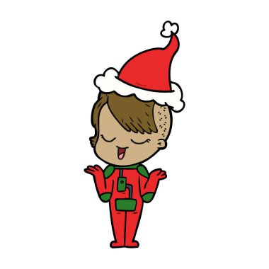 mutlu el çizim için bir kızın uzay giysisi giyen Noel Baba şapkası çizilmiş.