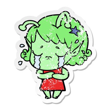 bir çizgi film ağlayan uzaylı kızın sıkıntılı etiket