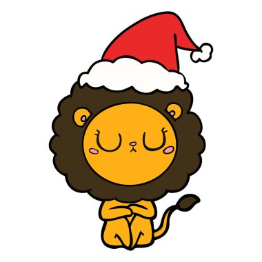 Noel Baba şapkası giyen aslan çizgi çizme