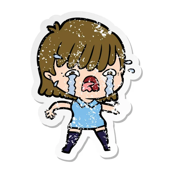 Distressed Sticker Cartoon Girl Crying — Stock Vector