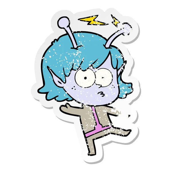 Distressed sticker of a cartoon alien girl — Stock Vector