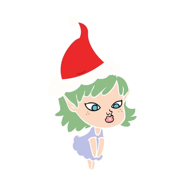 Ilustração cor plana bonita de uma menina elfo vestindo chapéu de santa — Vetor de Stock