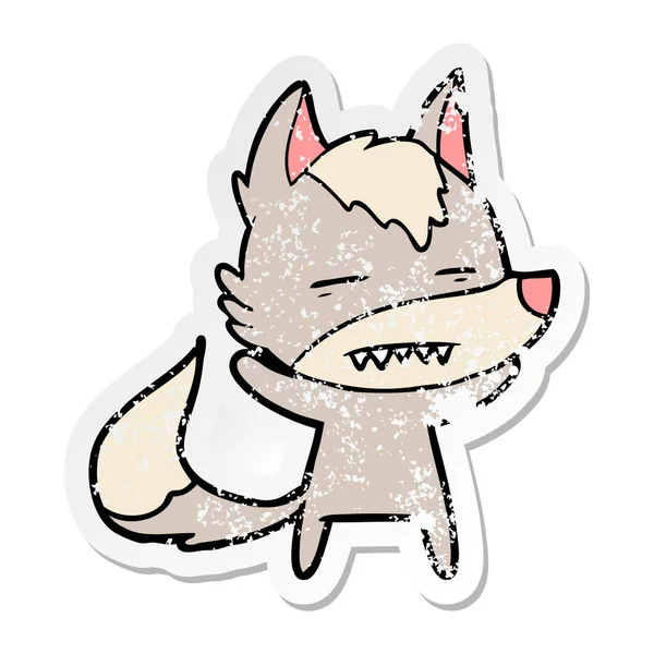 Verontruste sticker van een cartoon wolf weergeven tanden — Stockvector